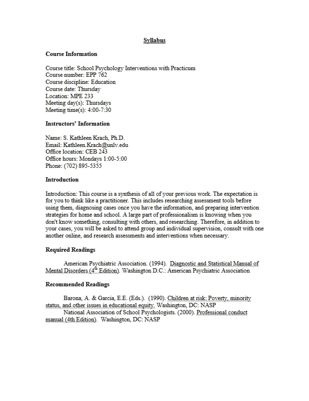 School Psychology Practicum and Interventions Syllabus