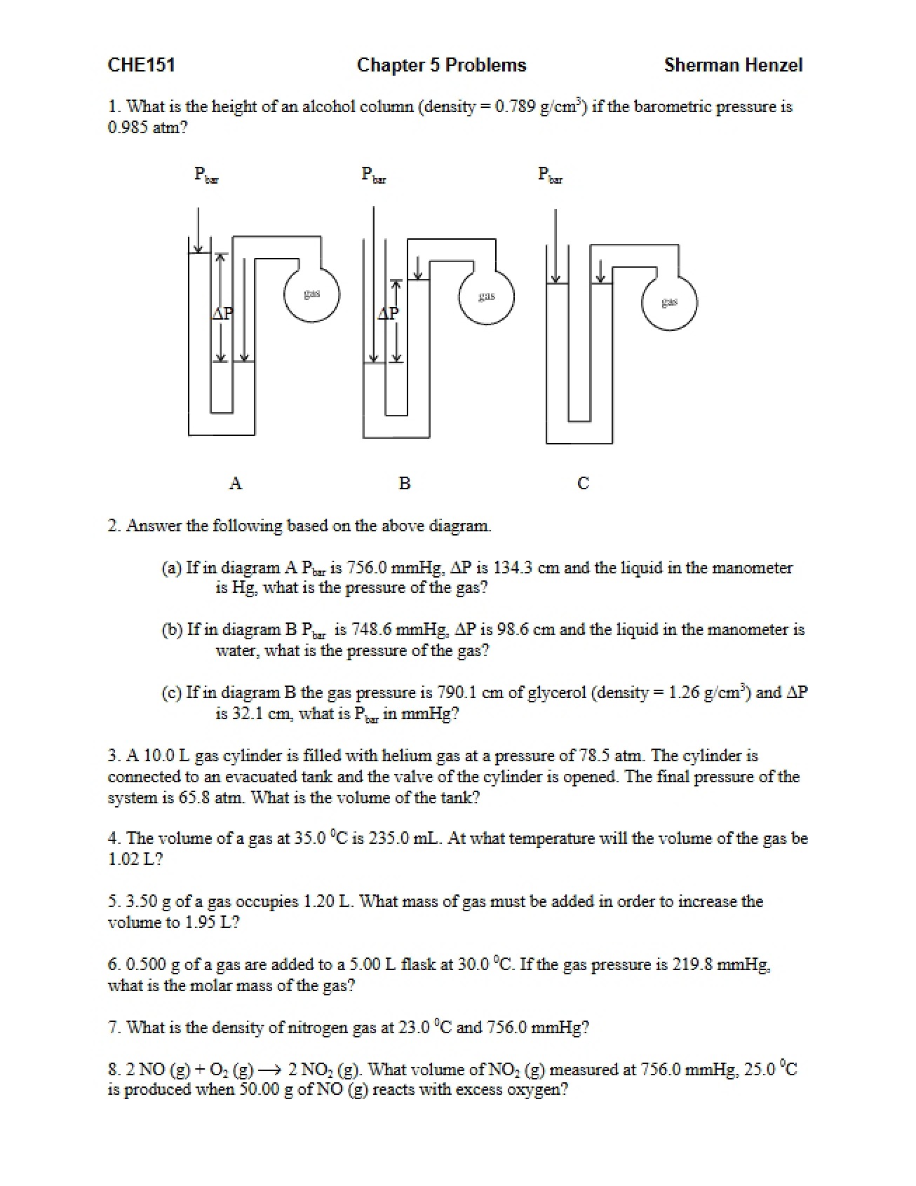 Chapter 5 Chemistry Problems