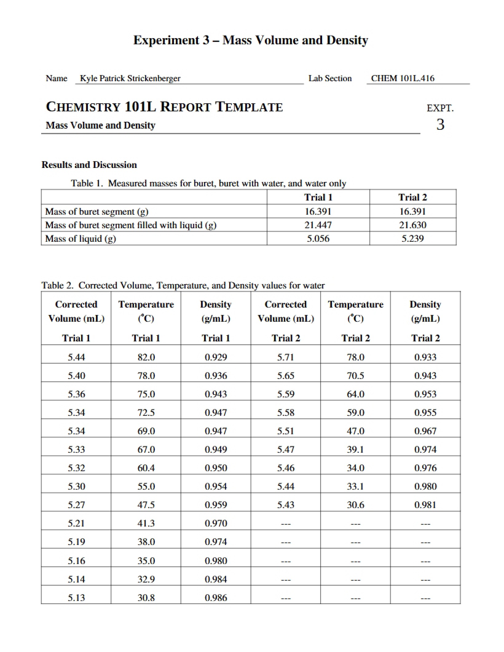 Experiment Three Mass, Volume, Density