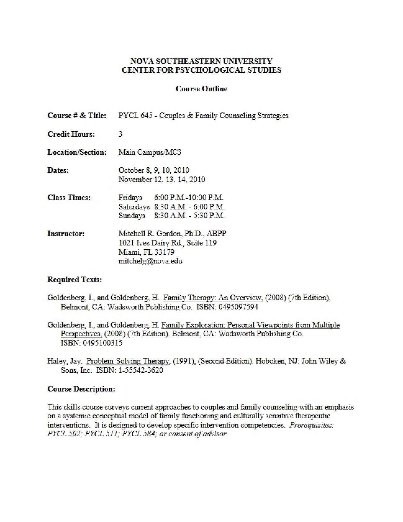 Family Counseling Course Plan