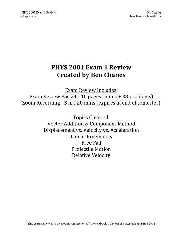 PHYS 2001 Exam 1 Review - Vector Addition and Displacement