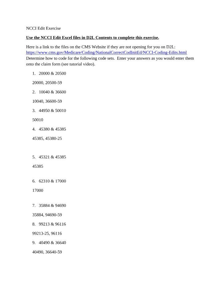 Worksheet for NCCI Edit