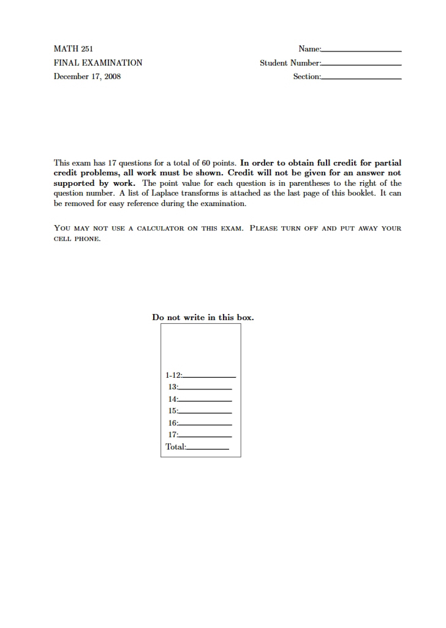 Final Assessment Math 251 - 6 Pages