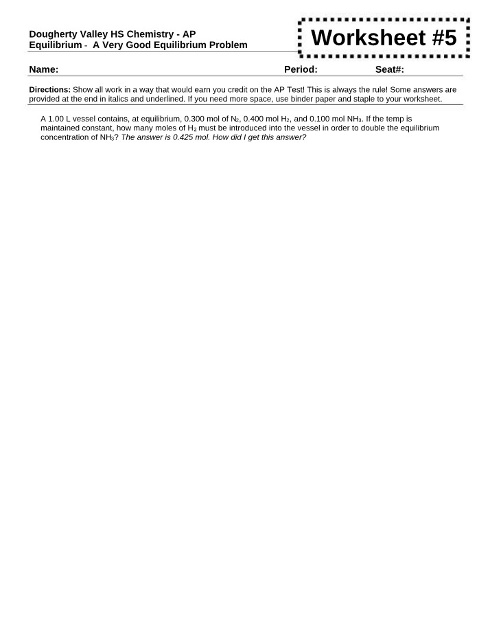 AP Chemistry Equilibrium Worksheet 5 - Doubling NH3 Concentration
