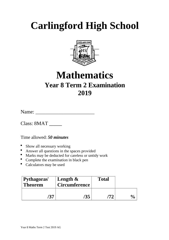 Year 8 Maths Term 2 Exam - Pythagoras' Theorem and Length