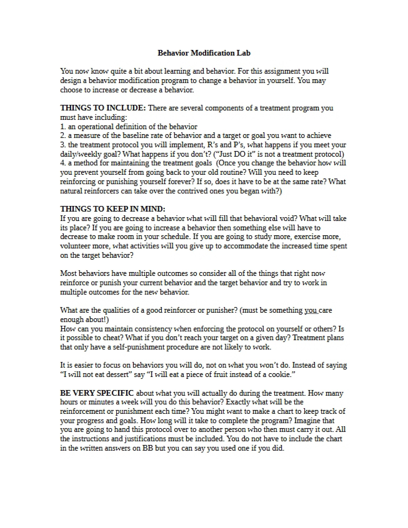 Instructions for Behavior Modification Lab