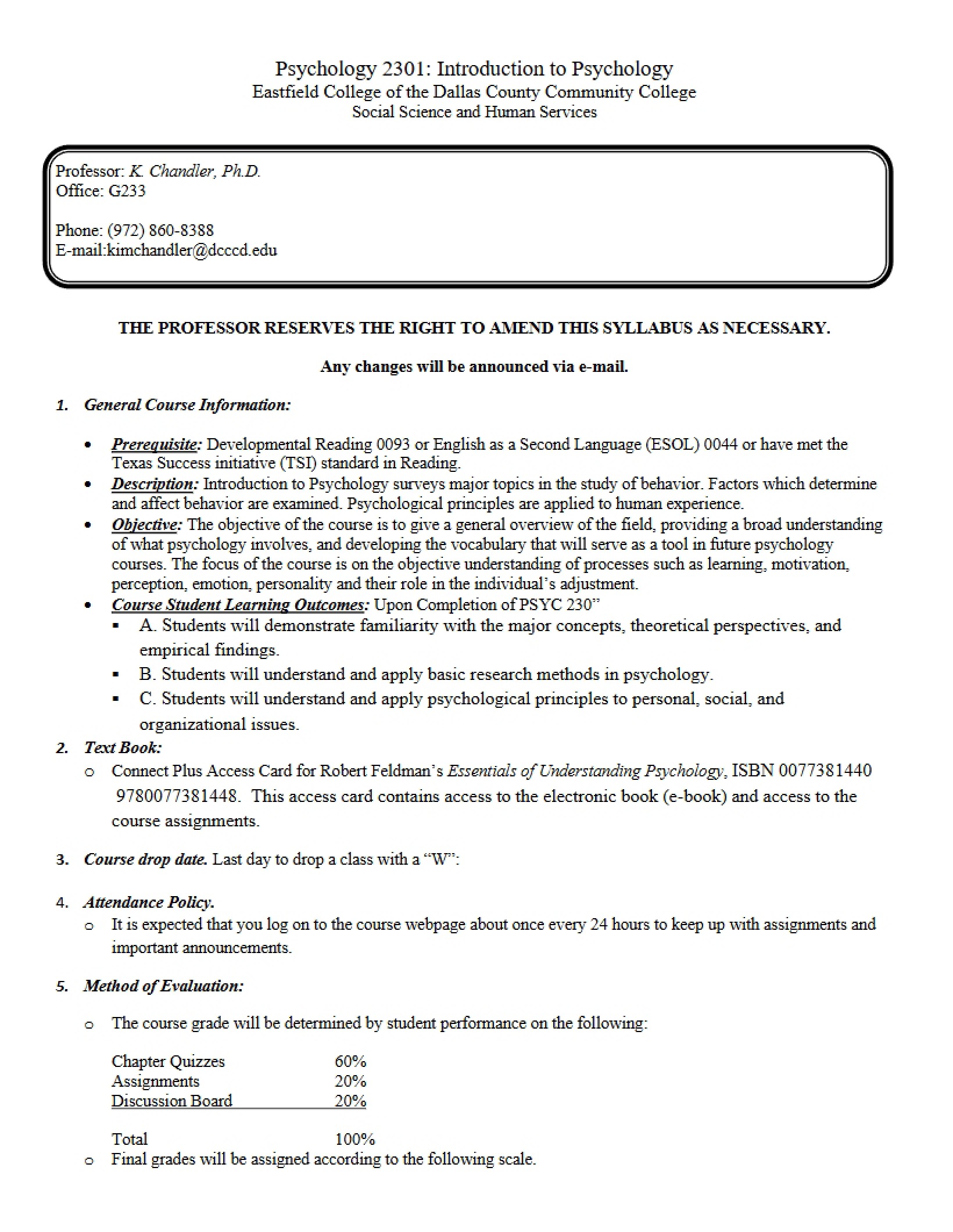 General Psychology Course Syllabus - 4 Pages