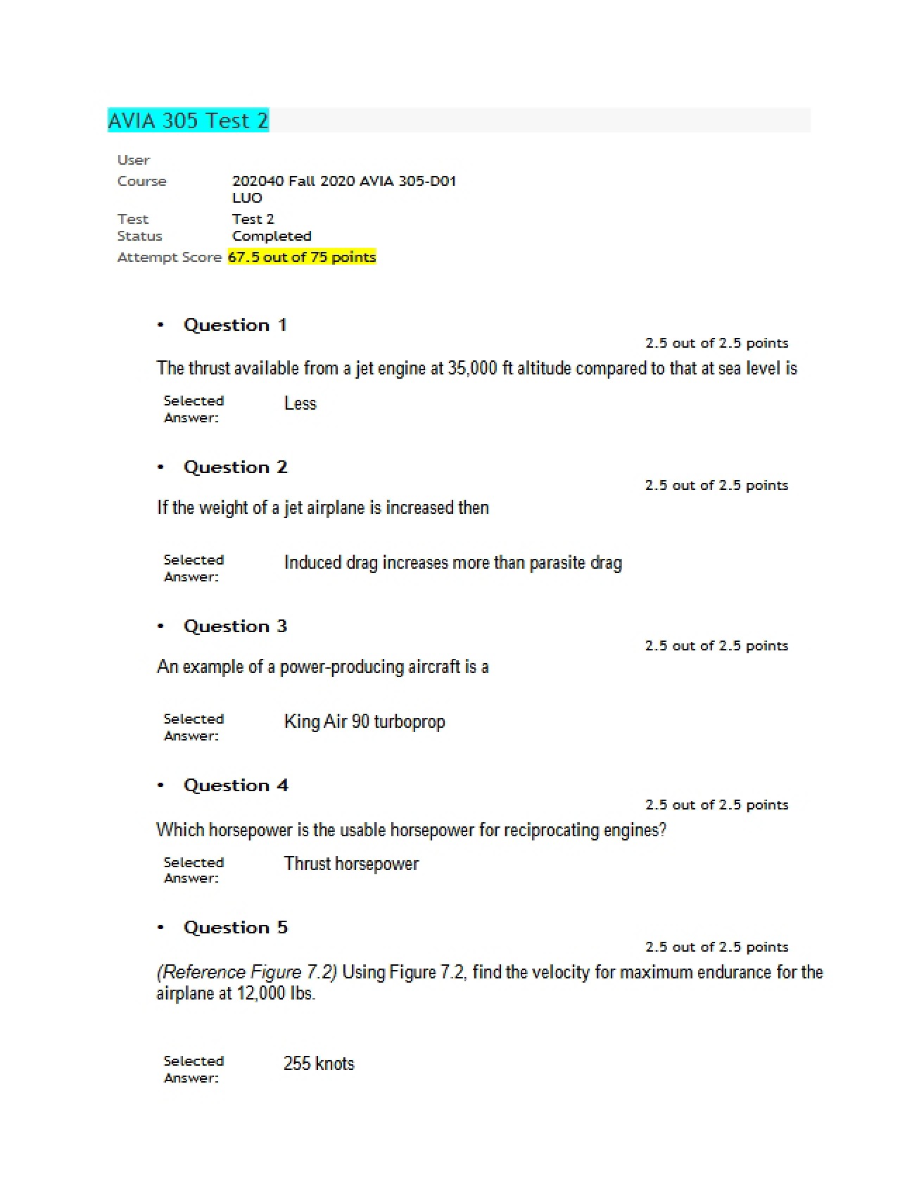 Second Test in an Aviation Course