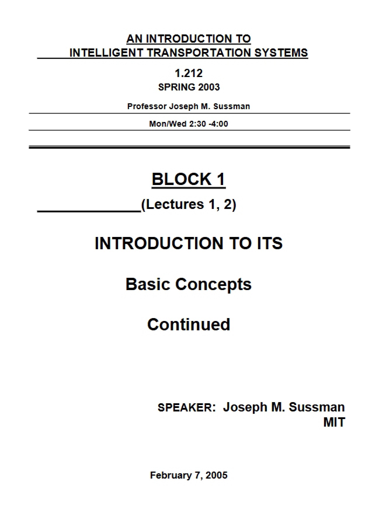Intelligent Transportation Systems Lecture Notes