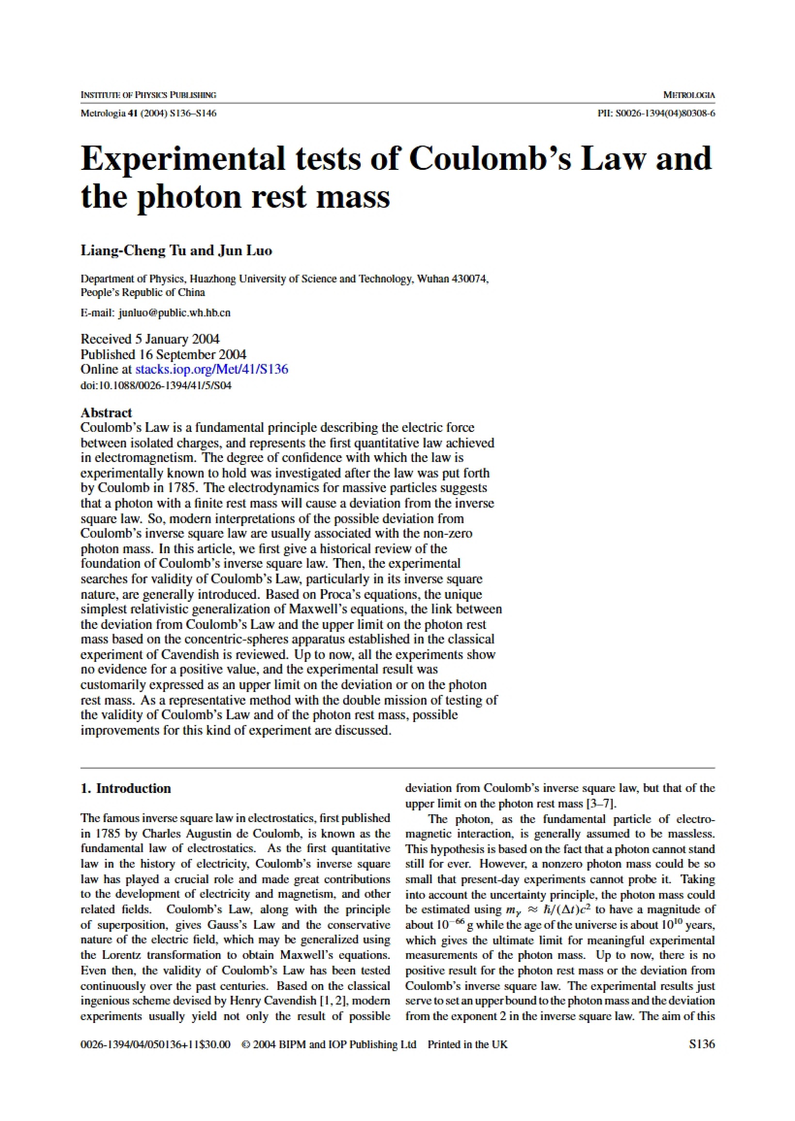 Coulomb's Law Experimental Tests
