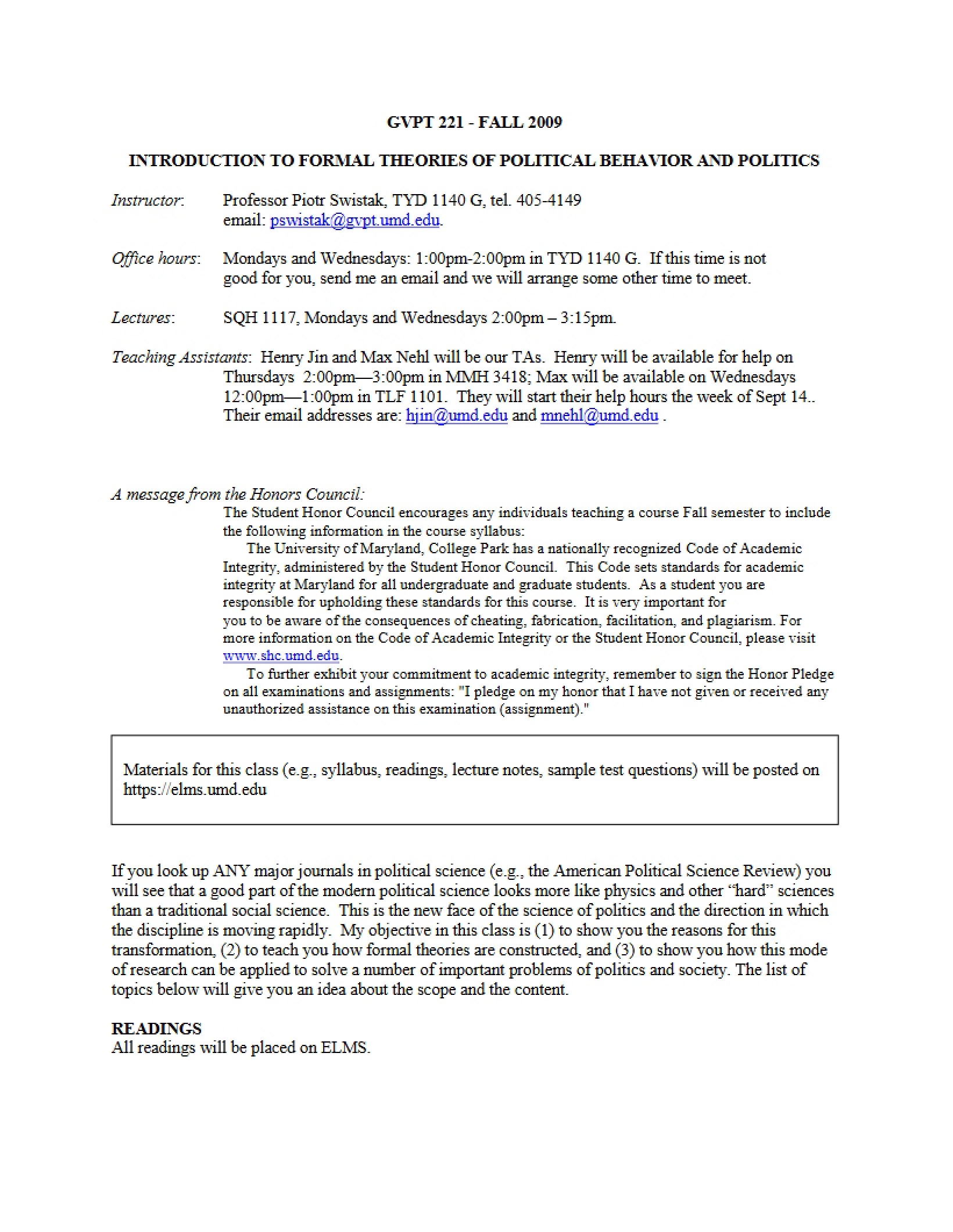 Formal Theories of Political Behavior Syllabus