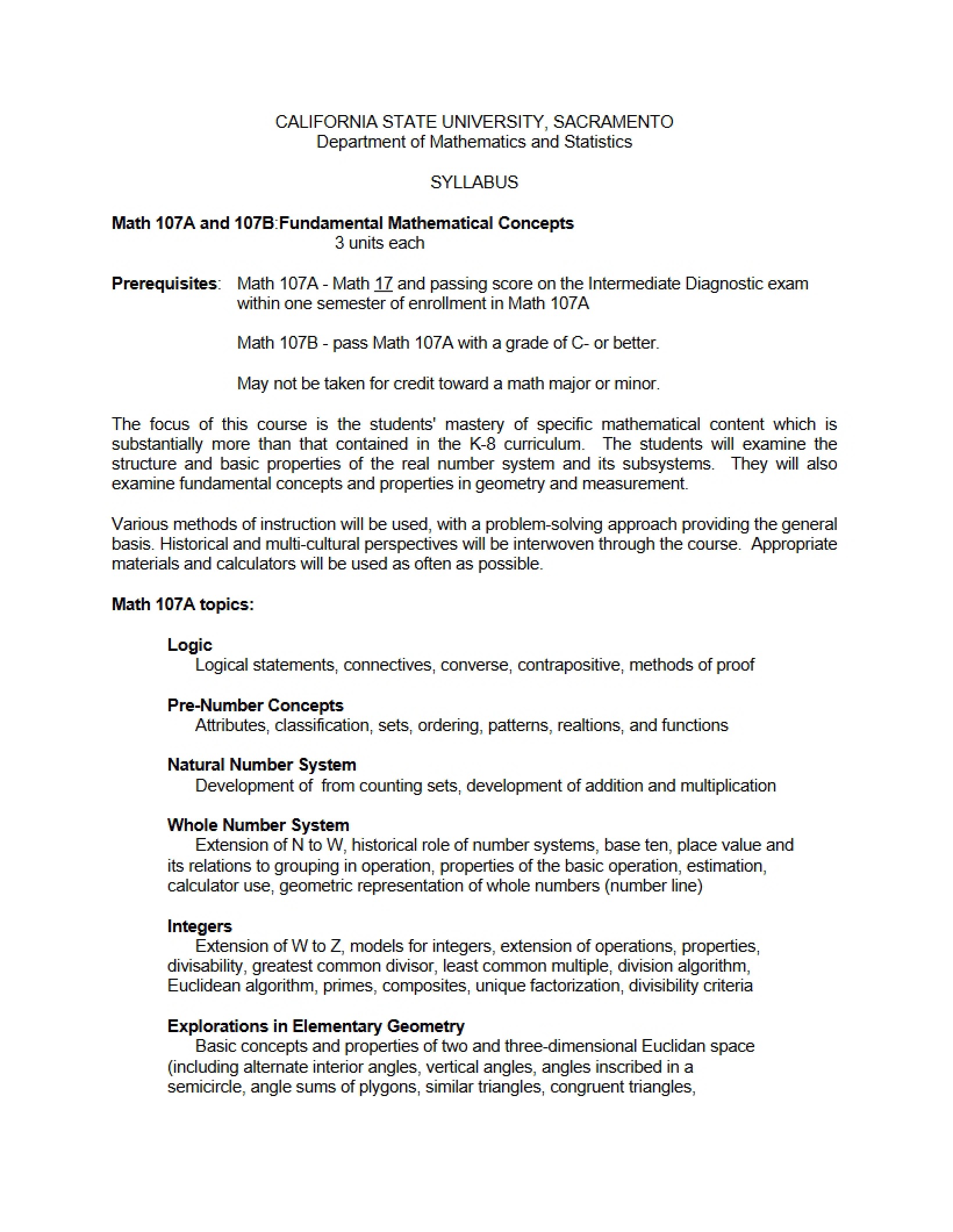 Fundamental Math Concepts Syllabus