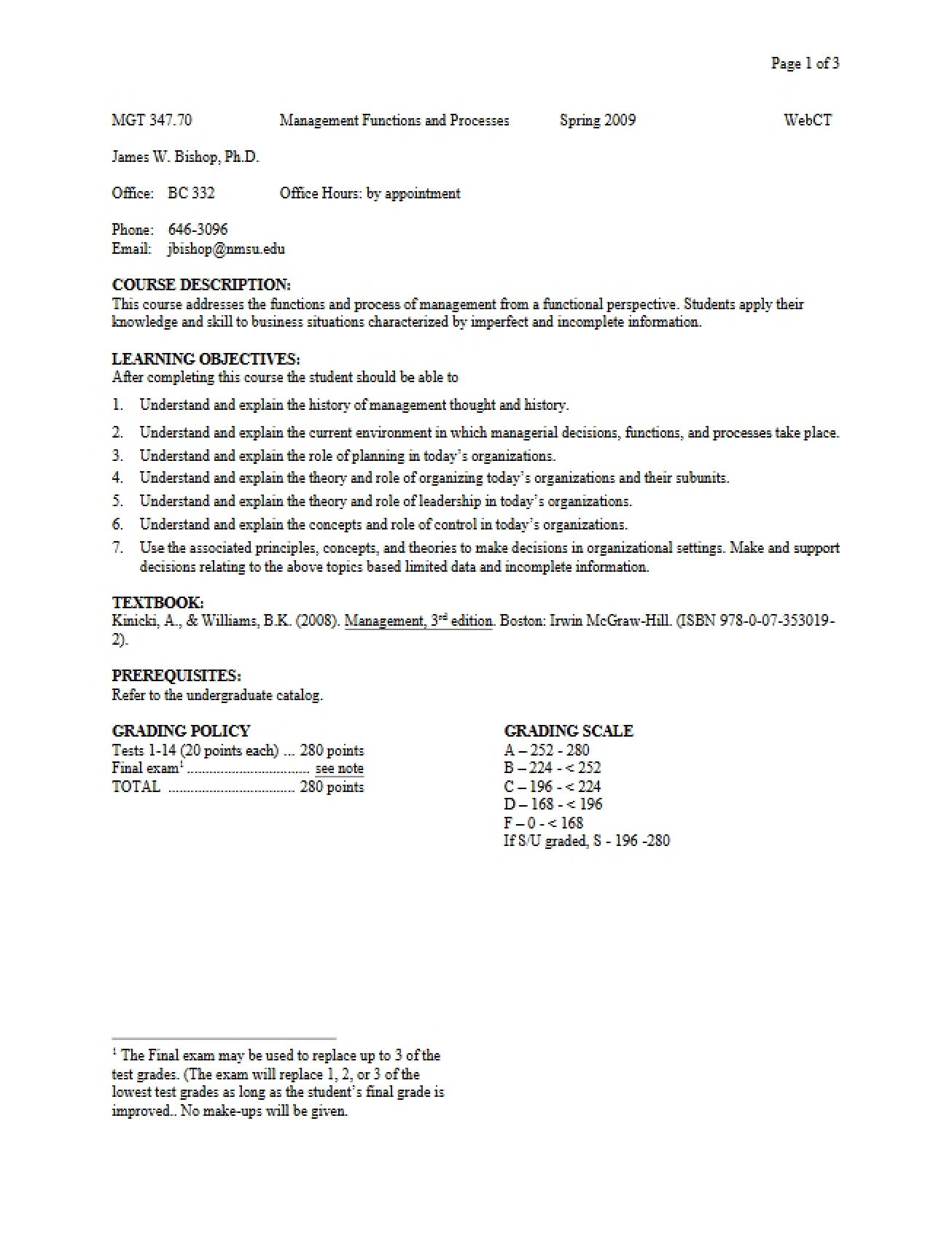 Syllabus for the Management Functions and Processes Course