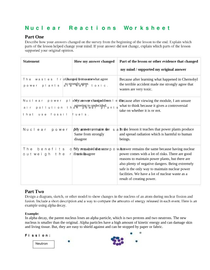 Analysis of Nuclear Reactions Worksheet