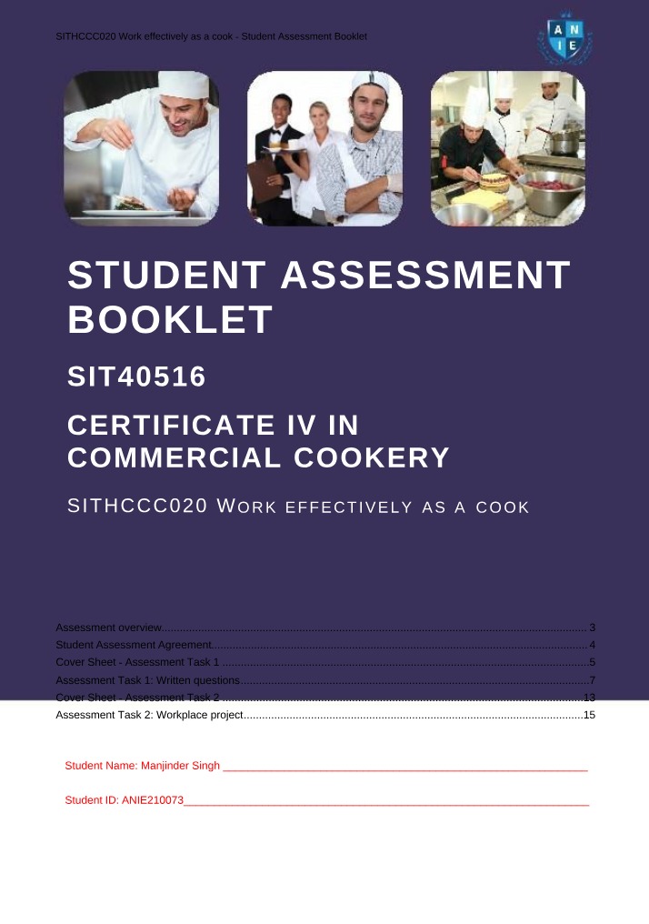 Working Effectively as a Cook - Student Assessment Tasks and Booklet
