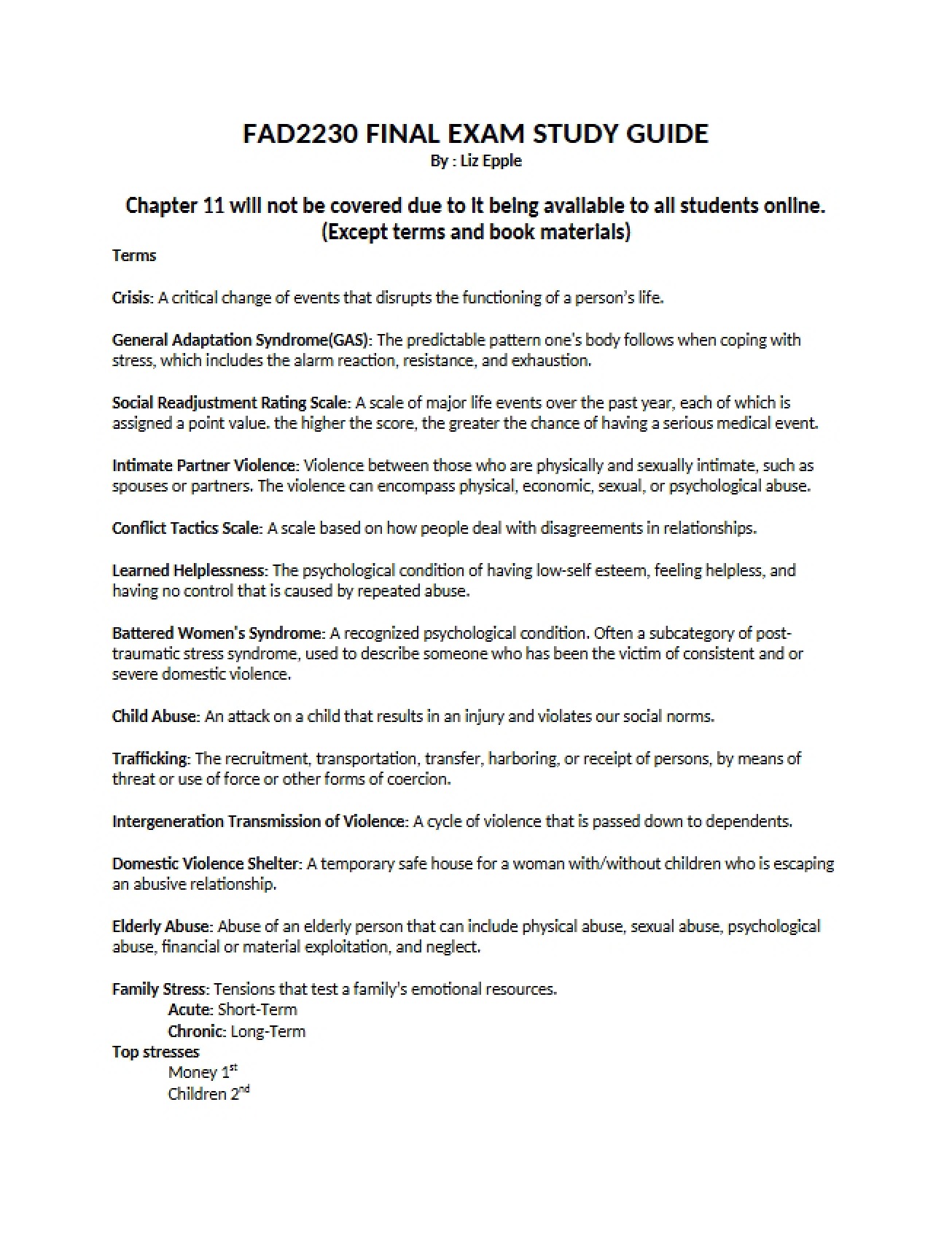 Family Relationships Final Examination