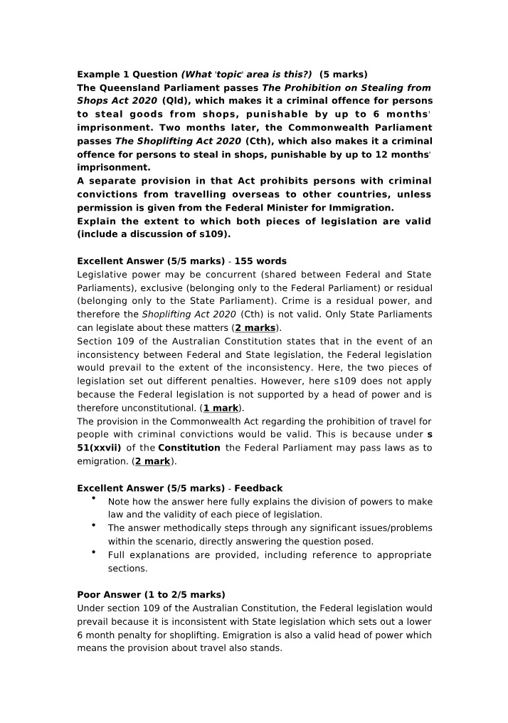 Separation of Powers and Constitutional Law - Exam Questions and Answers