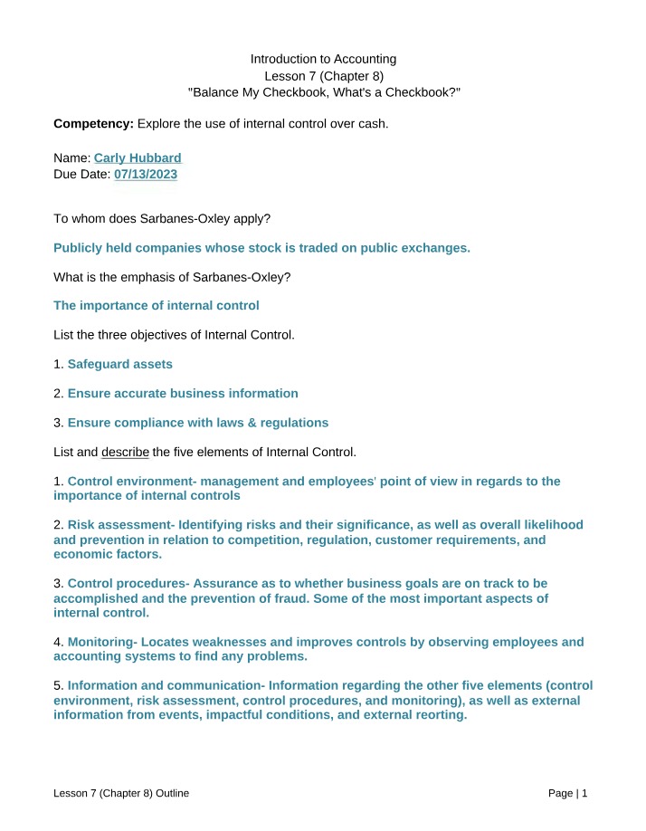 Outline for Lesson 7