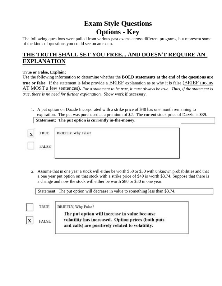 Key for Options Exam Style 09