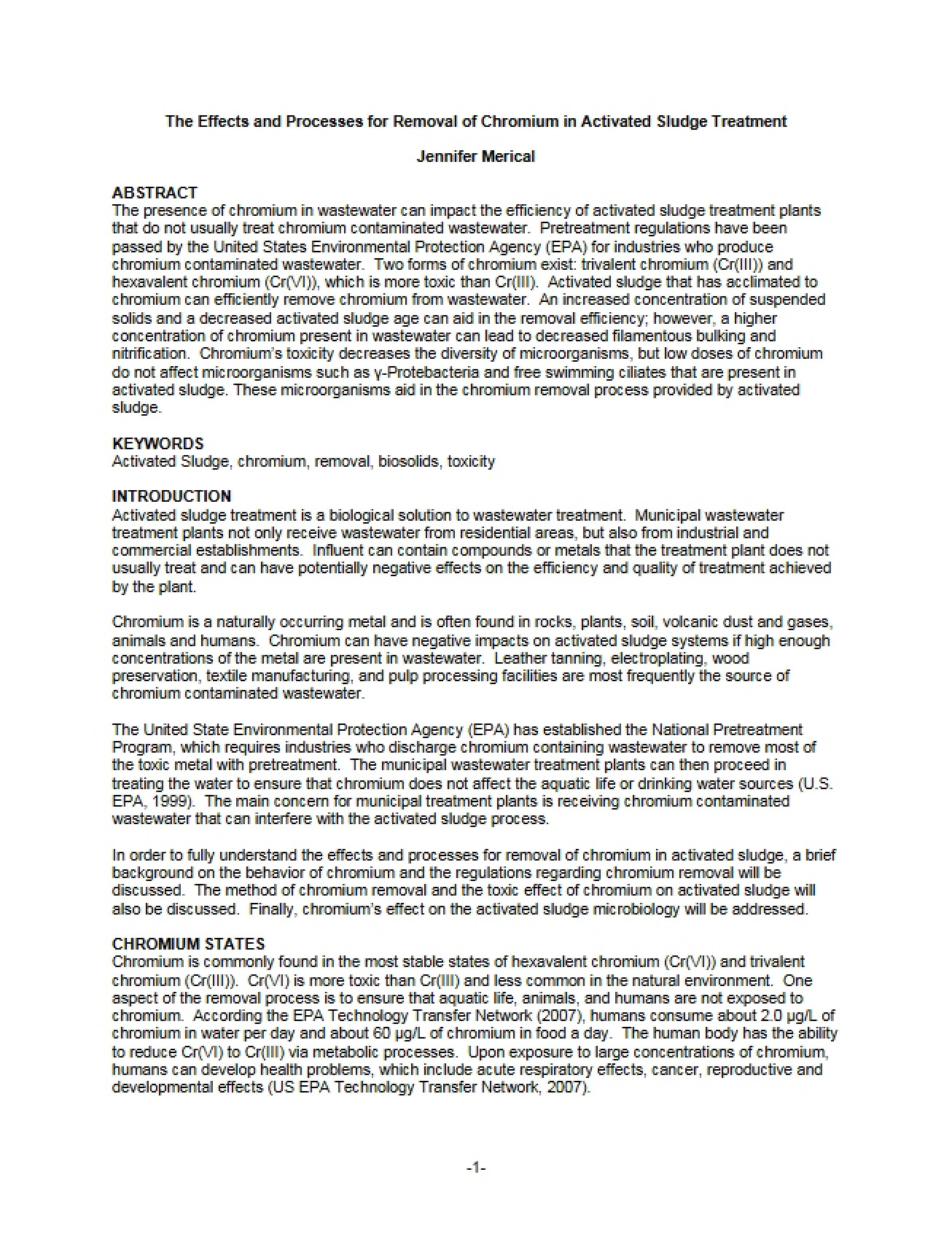 Removing Chromium in Activated Sludge Treatment