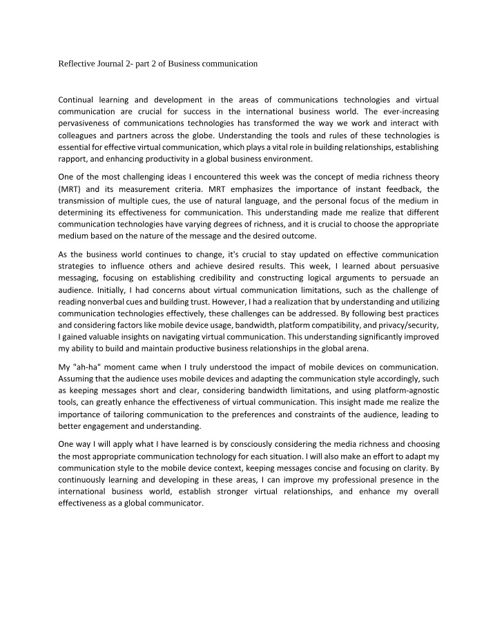 Business Communication Reflective Journal 2 (Part 2)