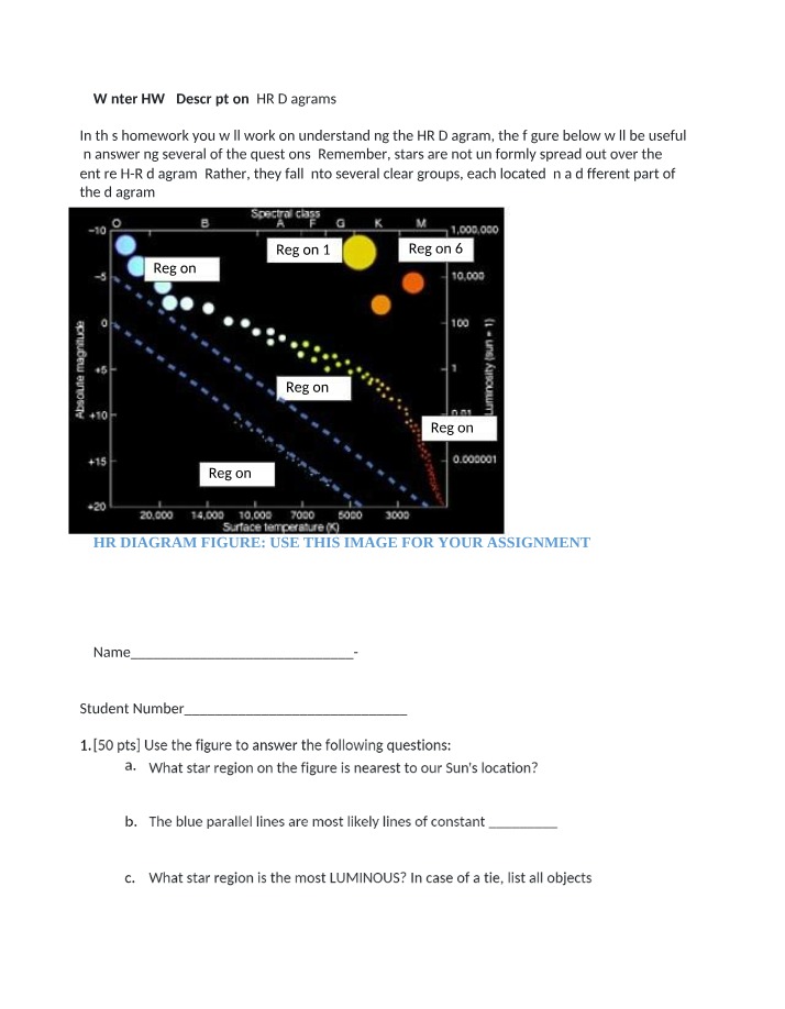 HR Diagram Homework - Star Regions and Properties