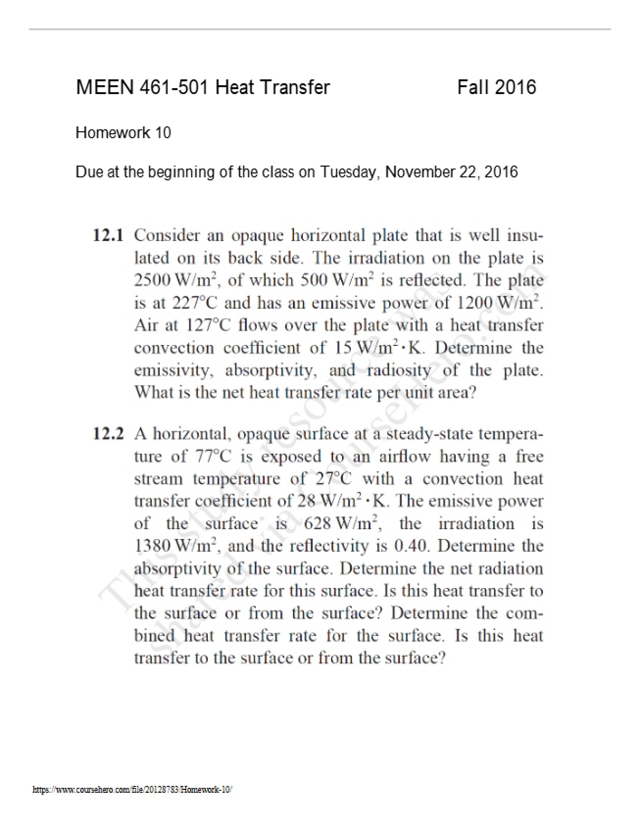 Heat Transfer Homework Ten