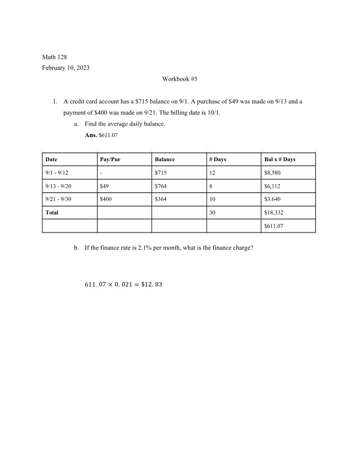 Finance Charge and Average Daily Balance Calculation