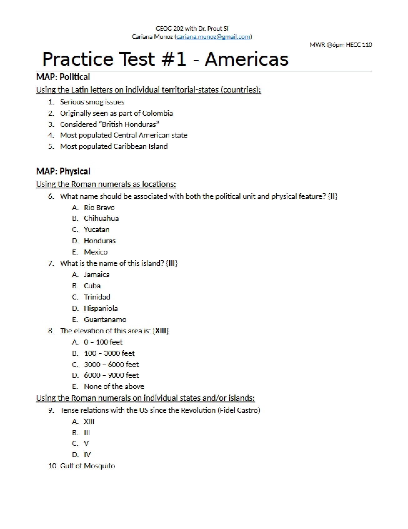 First Practice Test for Geography of the Global Village