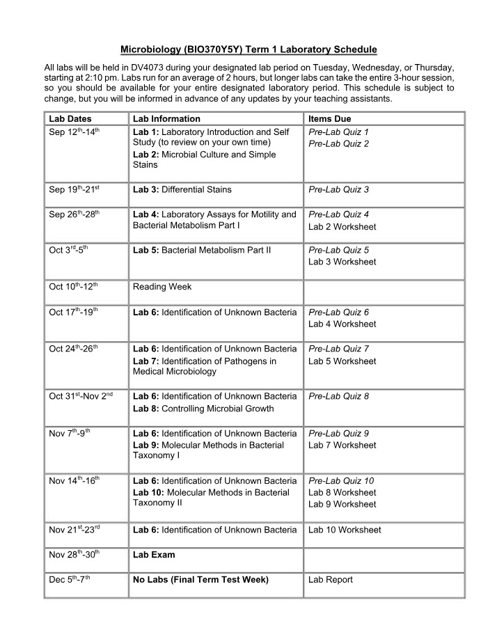 BIO370Y5Y Term 1 Microbiology Lab Schedule