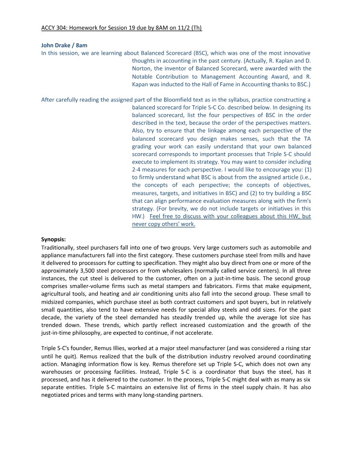 Triple S-C Co. Balanced Scorecard - Design and Implementation
