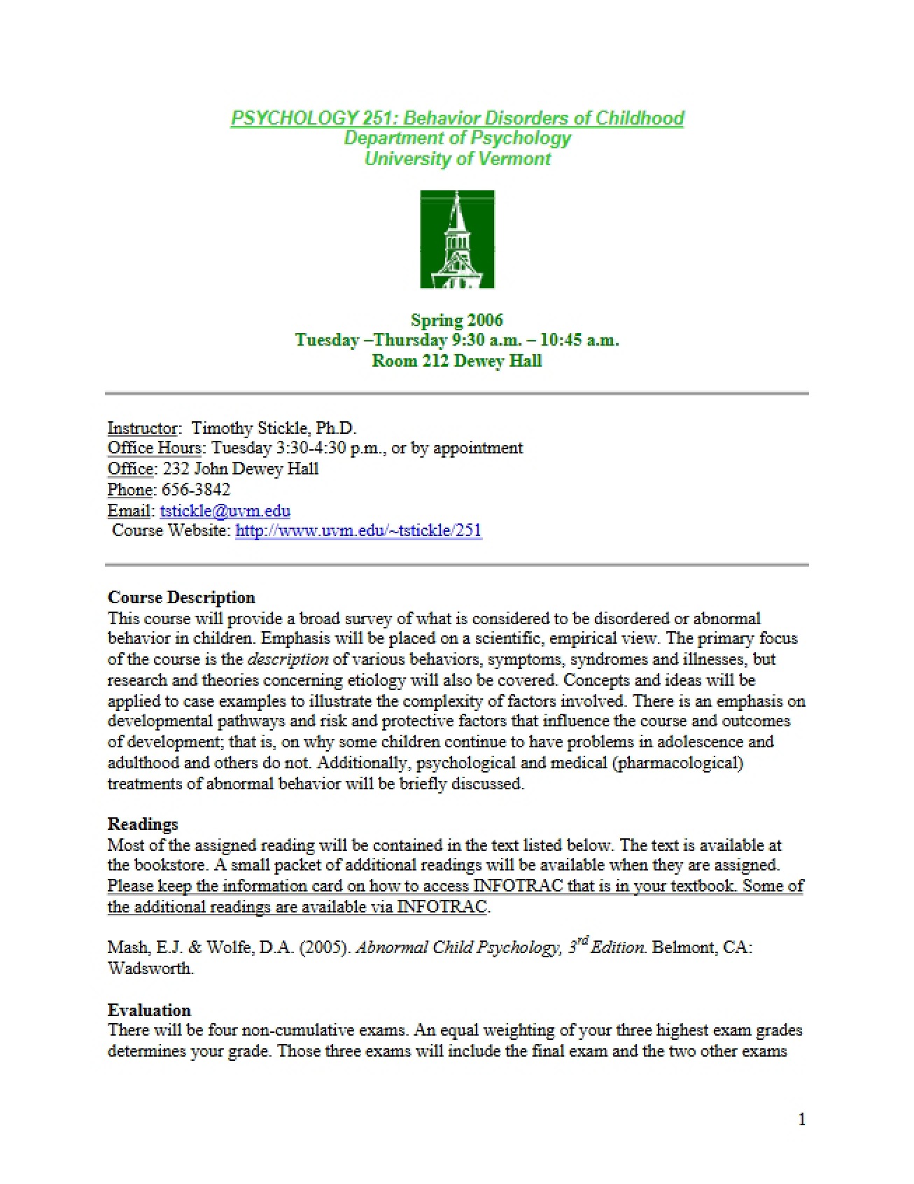 Course Outline Behavioral Disorders in Children