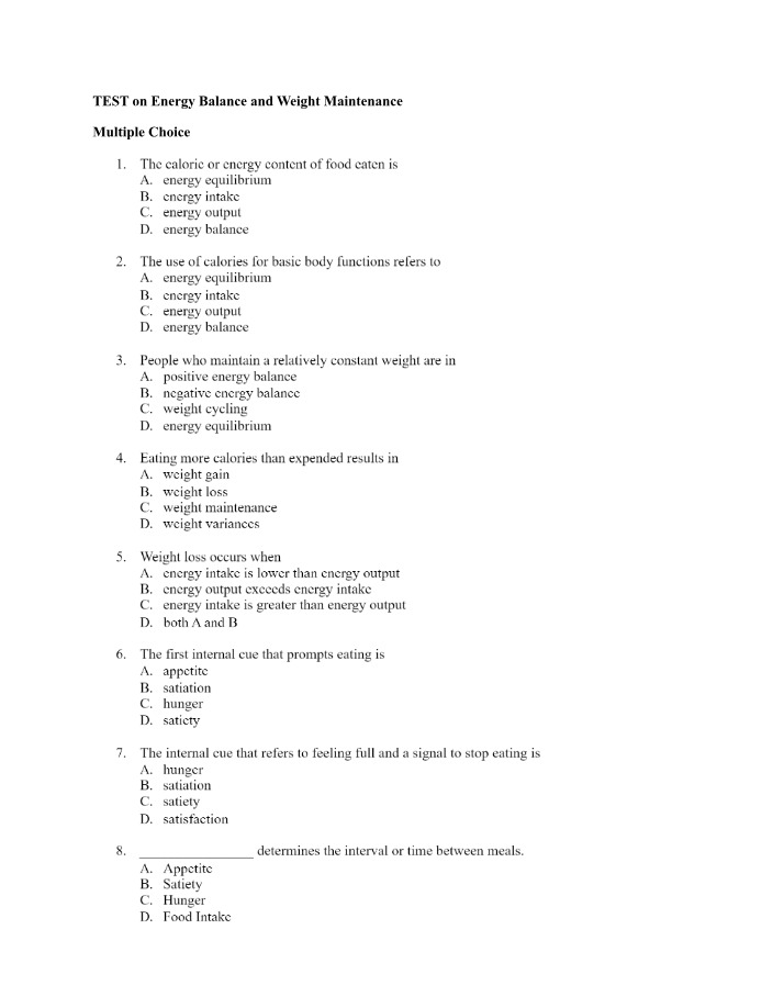 Quiz on Energy Balance and Weight Maintenance