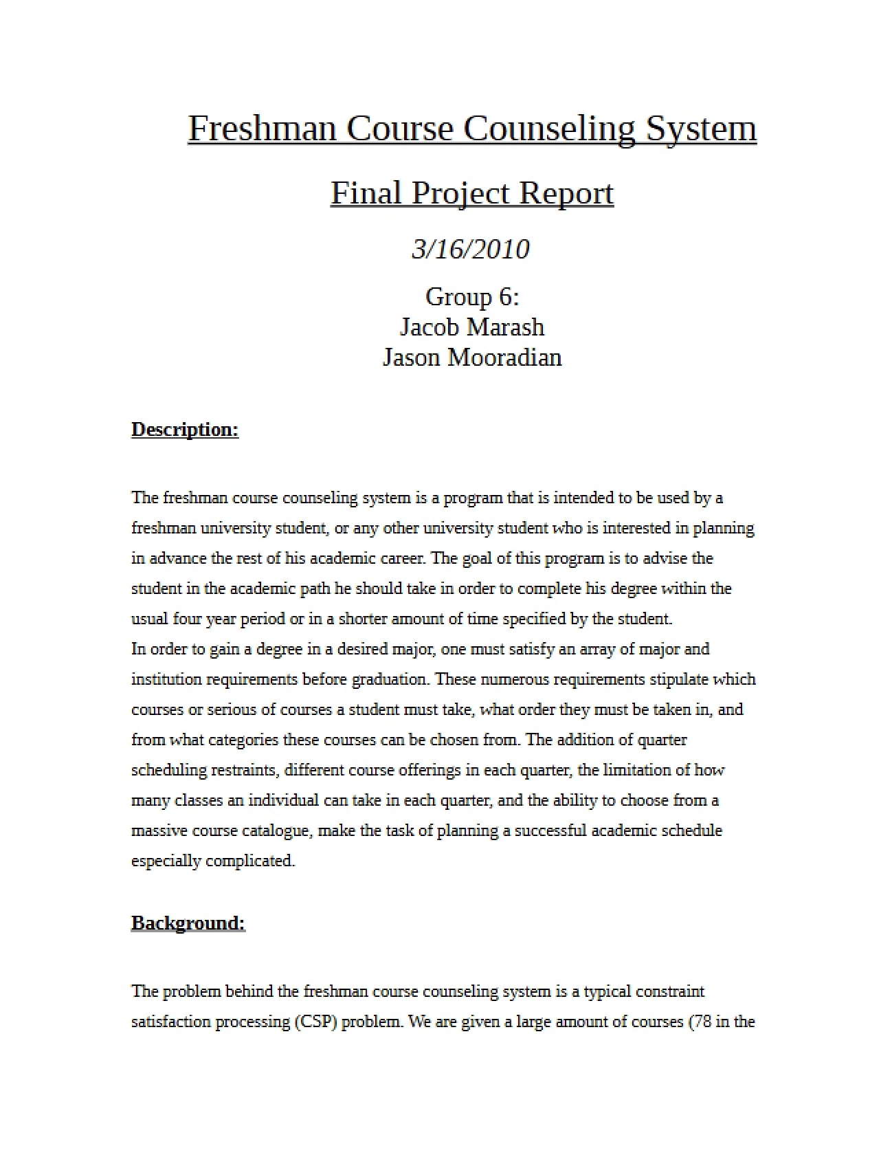 System for Freshman Course Counseling