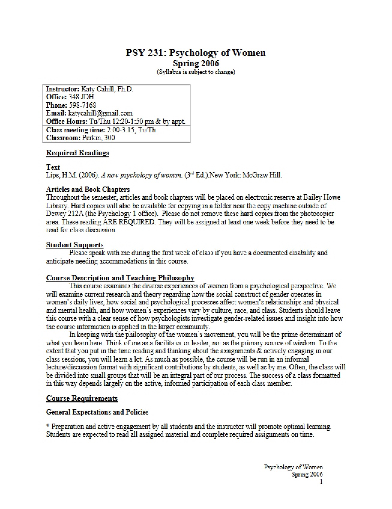 Women's Psychology Class Syllabus