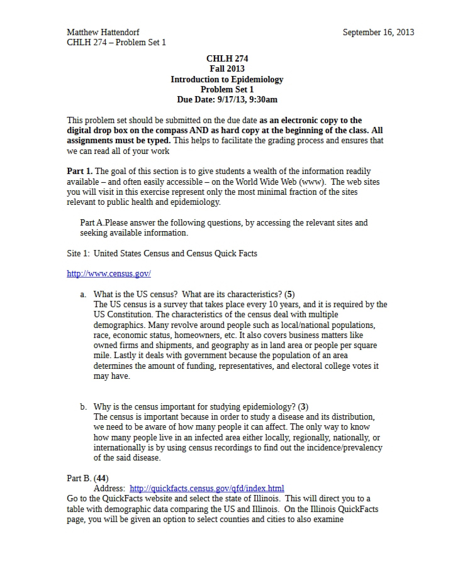 Problem Set One for CHLH 274