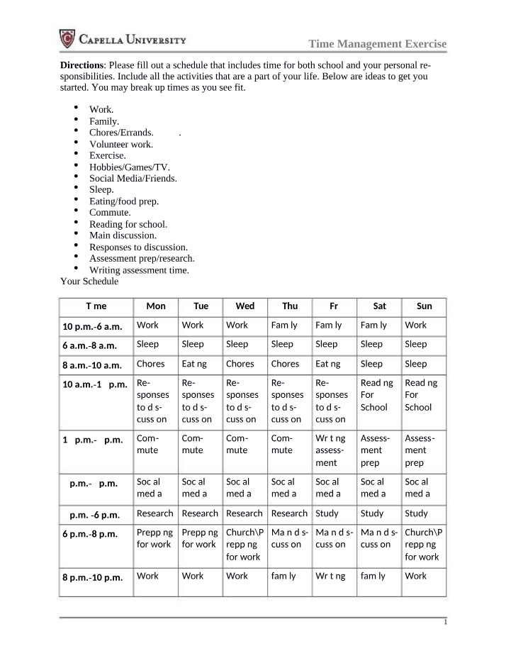 PSYC4900 - Time Management Exercise