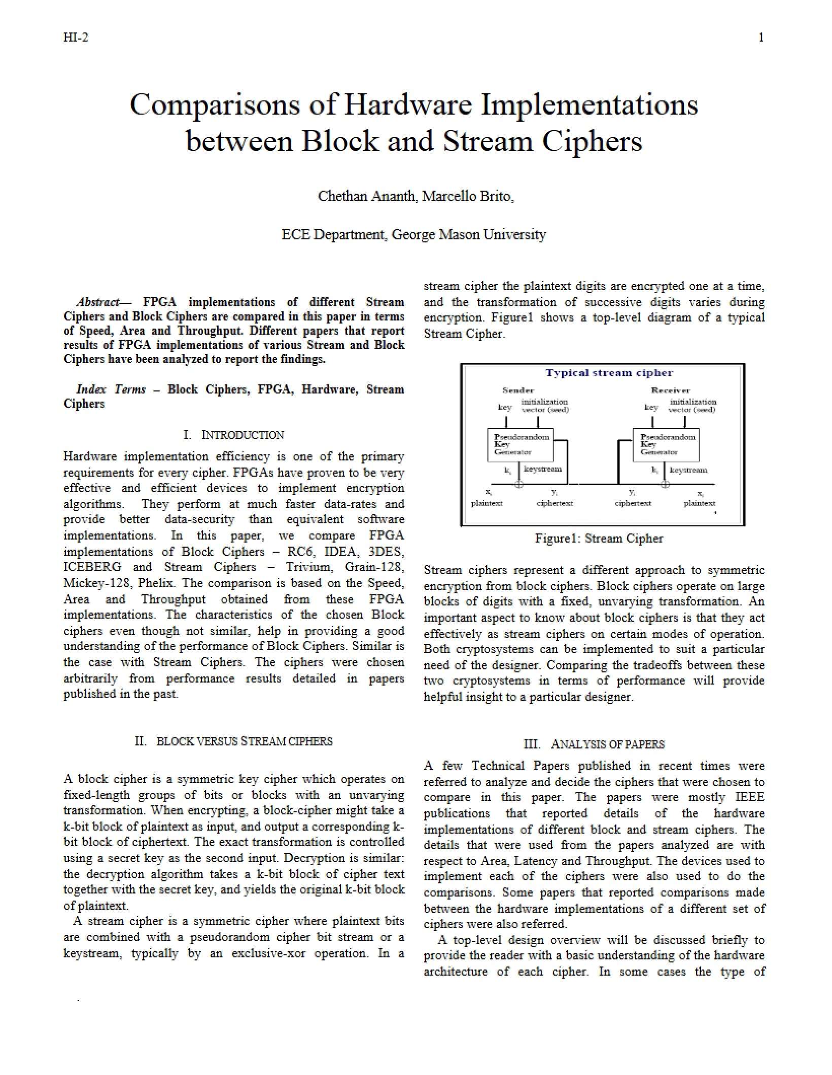 Stream vs Block Ciphers Hardware Implementation
