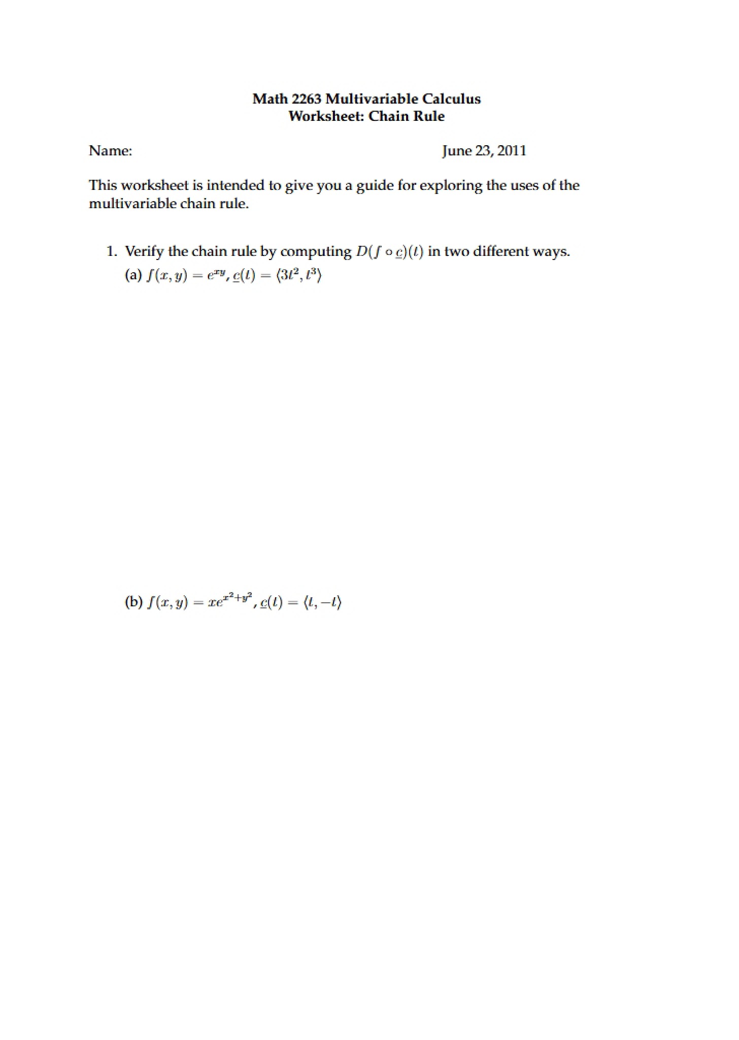 Worksheet on Multivariable Calculus