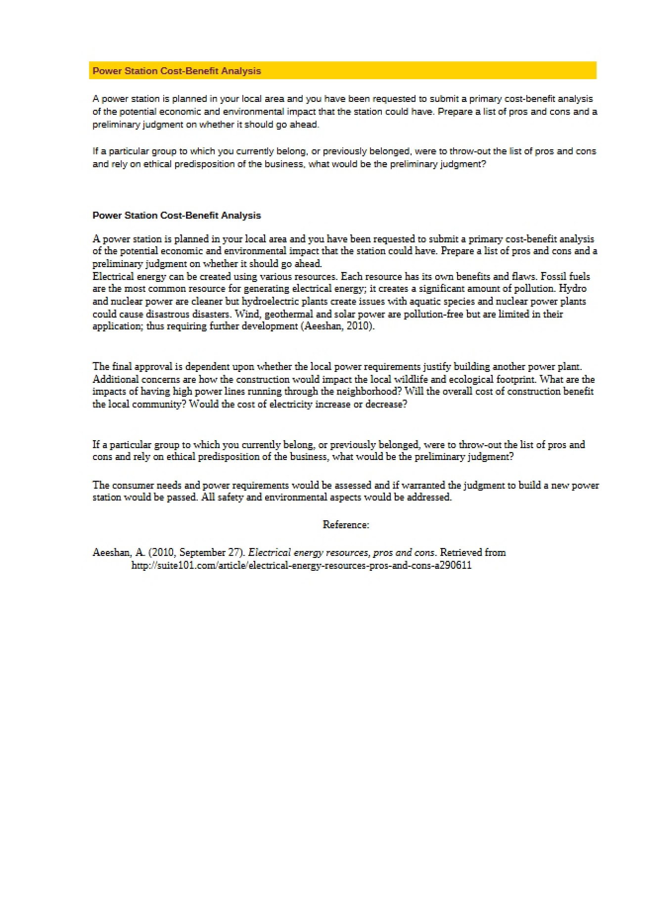 Cost-Benefit Analysis of Power Station