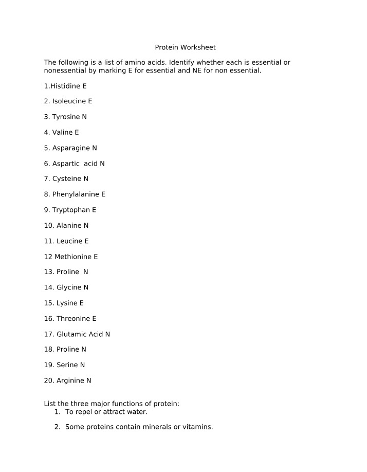 Amino Acids and Protein Functions Worksheet