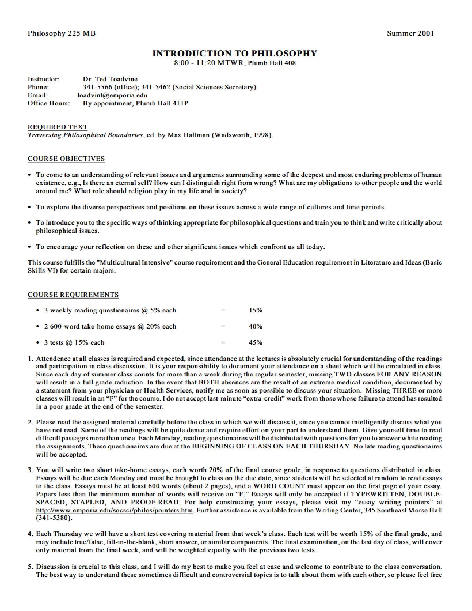 Philosophy Introduction Syllabus