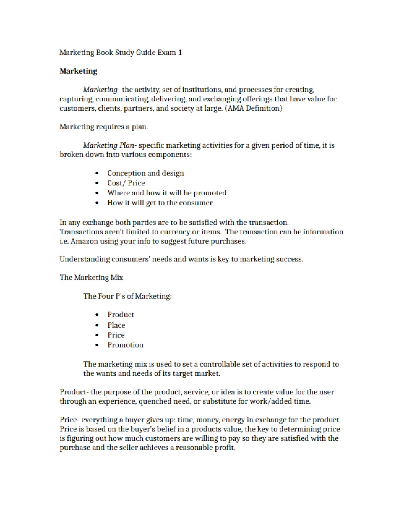First Exam Guide from Marketing Textbook