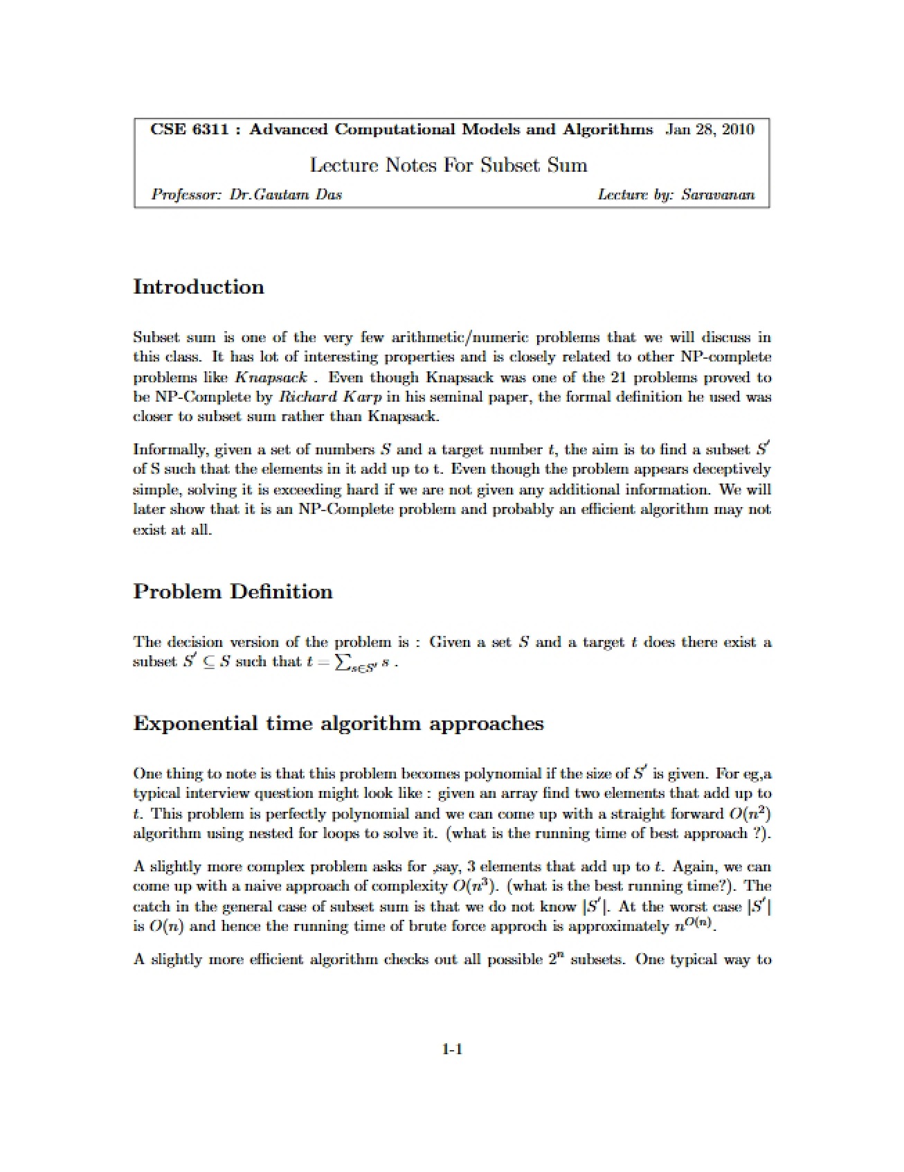 Subset Sum Lecture Notes