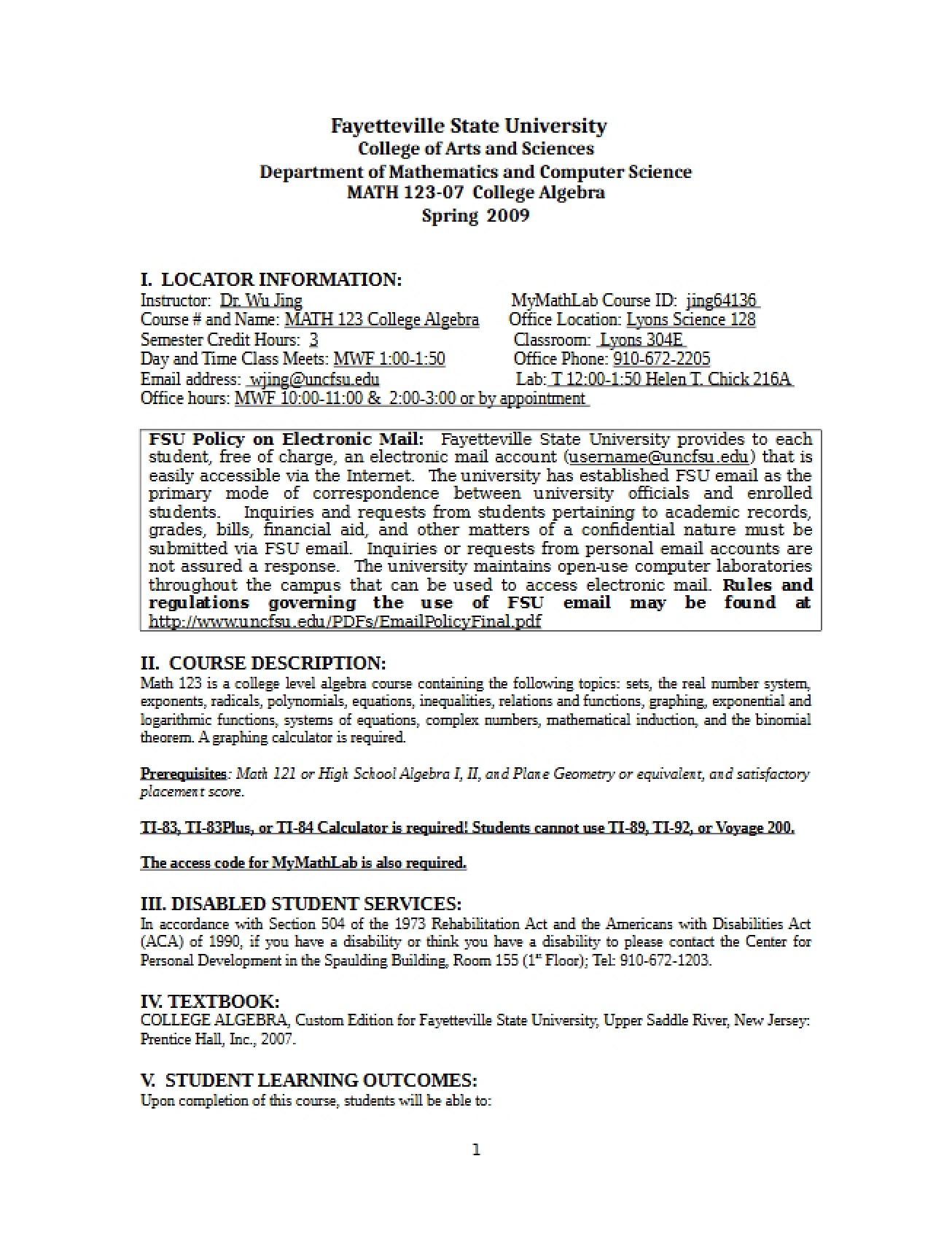 College Algebra Course Syllabus
