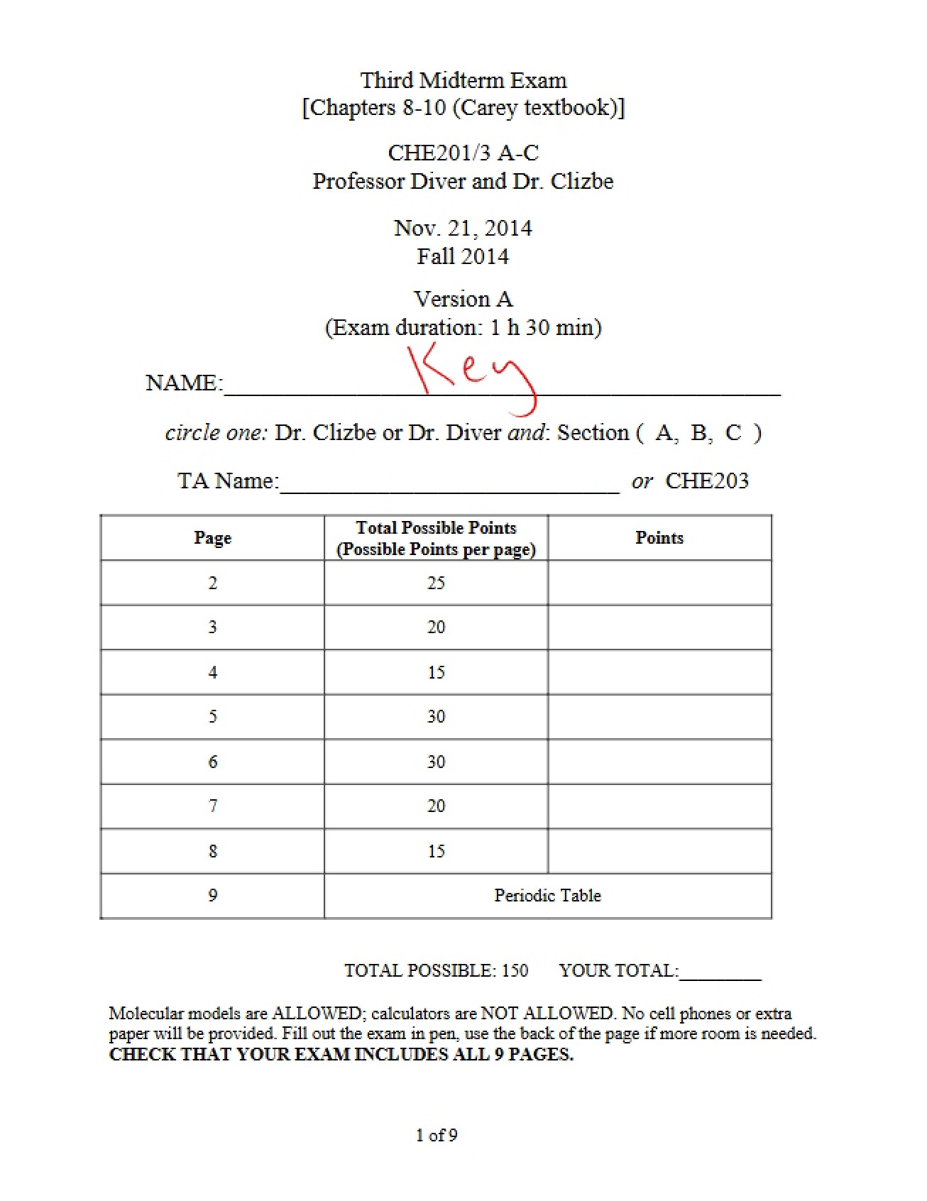 Key for Fall 2014 Midterm Three Version A