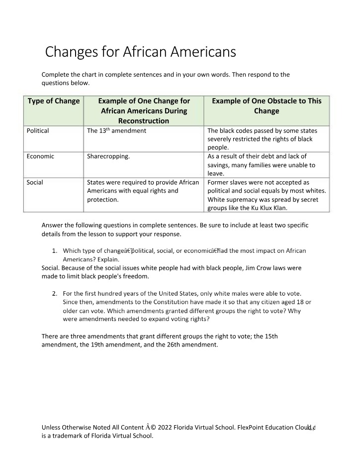 Reconstruction - Changes for African Americans