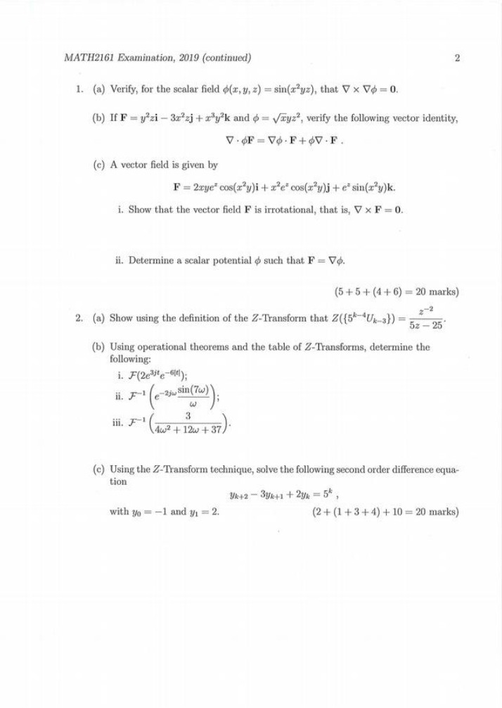 2019 MATH2161 Exam - Vector Fields, Z-Transforms, and Probability