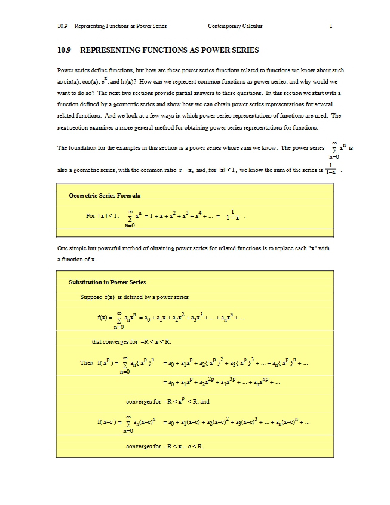 Power Series Representation of Functions