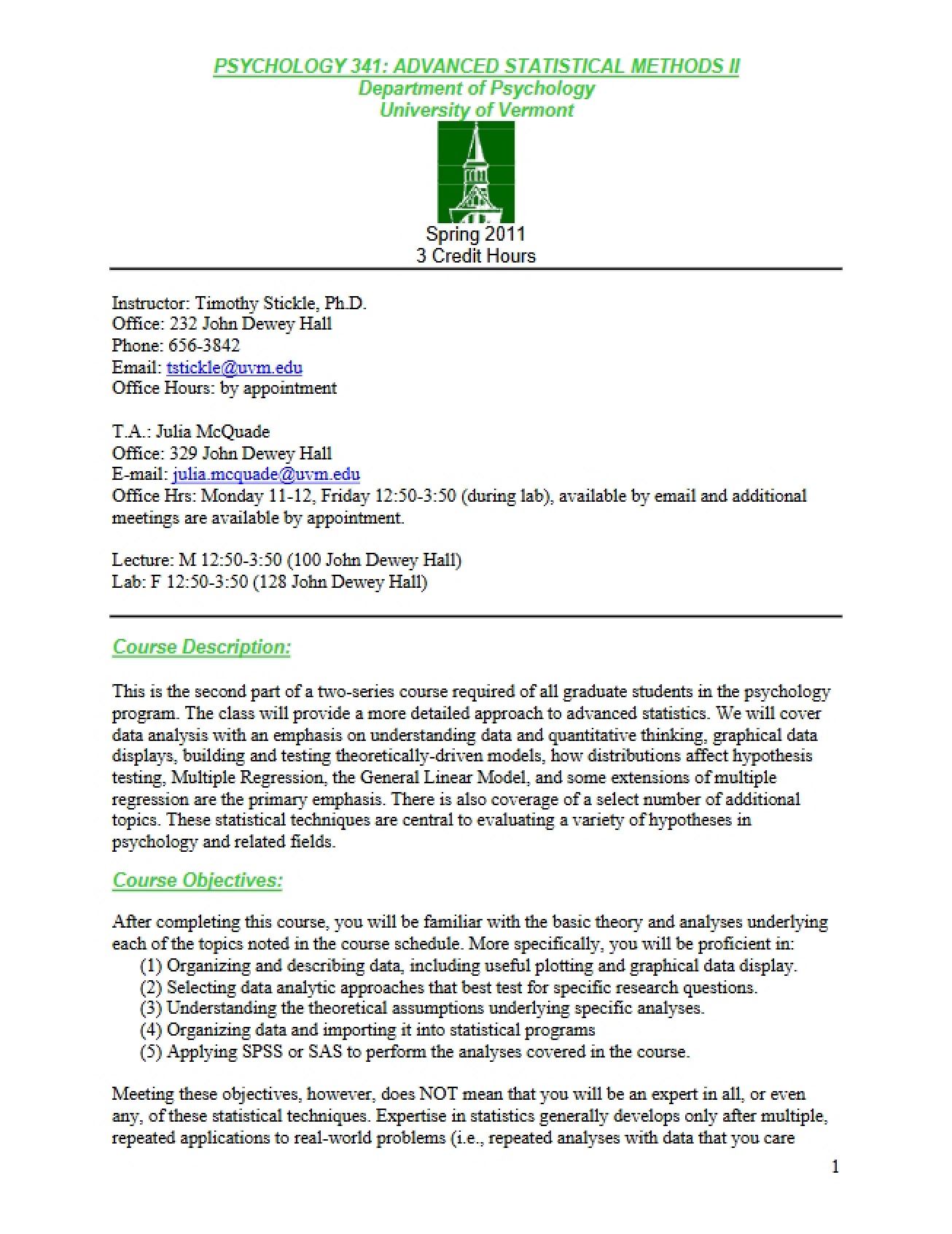 Class Syllabus Advanced Statistics II